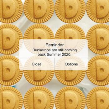 A pop up Reminder box that says Dunkaroos Coming Back Summer 2020 with a close button and options button and Dunkaroos in the background. - Link to social post