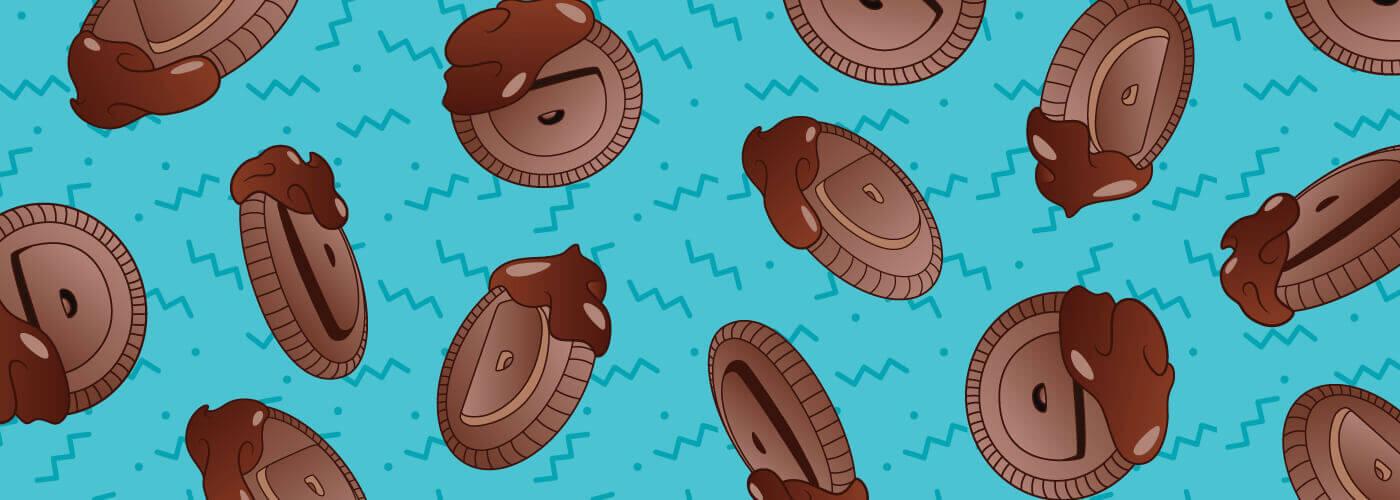 A cartoon-style illustrated pattern made of chocolate flavored Dunkaroo biscuits that have been dipped in chocolate frosting, with a teal background