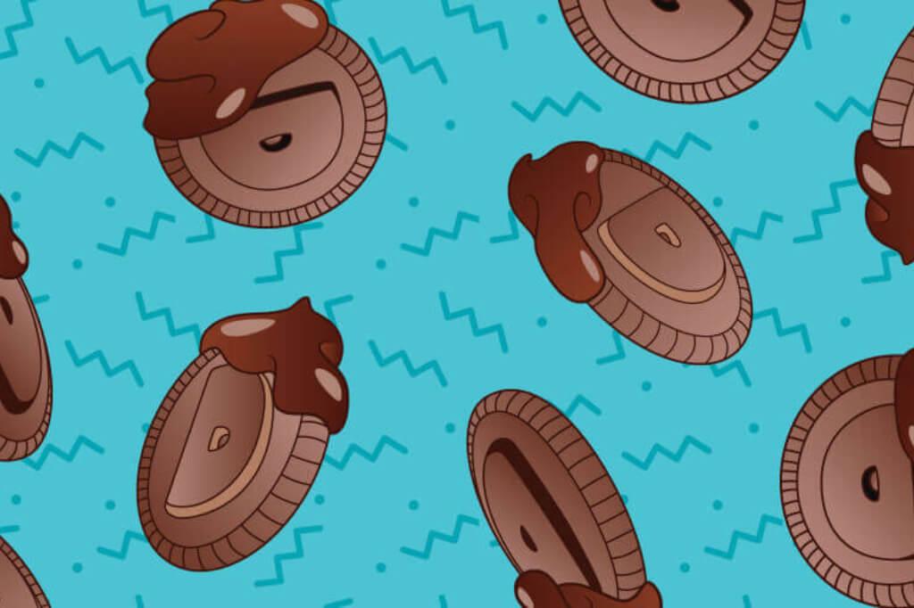 A cartoon-style illustrated pattern made of chocolate flavored Dunkaroo biscuits that have been dipped in chocolate frosting, with a teal background